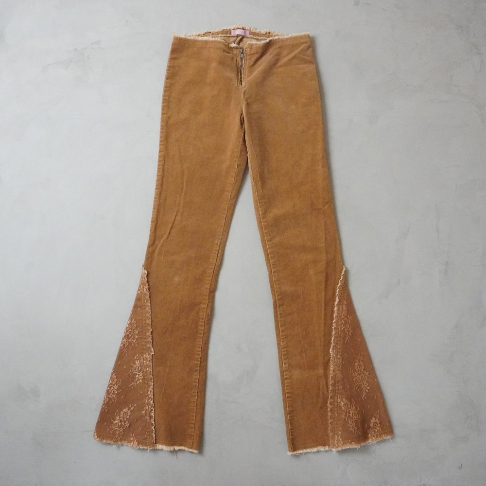 Vintage XXI Corduroy Flare Pants Small Womens Brown Lace Raw Hem USA Made Y2K
